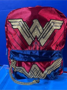 DC Comics Wonder Woman Super Hero Red & Blue Glitter Logo Backpack Adj Straps